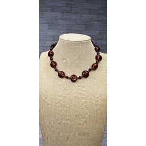 Vintage Amber Colored Art Deco Venetian Opalescent Gold Foil Glass Bead Necklace